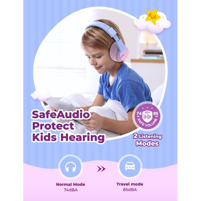 iClever Бездротові навушники для дітей з LED-підсвічуванням, Over-Ear, Bluetooth 5.2, мікрофон, рожевий градієнт, час роботи 85 годин