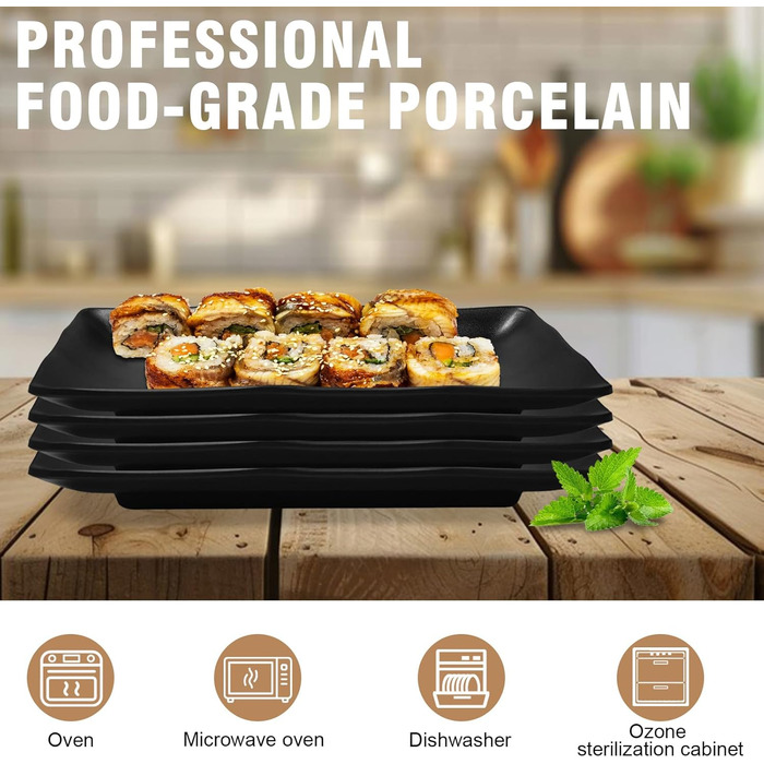 Teller Teller Rechteckig: чорний порцеляновий сервіровочний тарілка для закусок, десертів, суші, тортів, салатів, фруктів, антипасті та гарнірів (W5408-4)