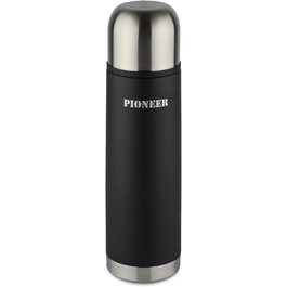 Pioneer Stainless Steel Insulated Flask with Button Lid & Drinking Cup - 1.0L Double-Walled Vacuum Insulation - Keeps Hot for 8 Hours, Cold for 24 Hours - Leakproof, BPA-Free - Black, 1000ml