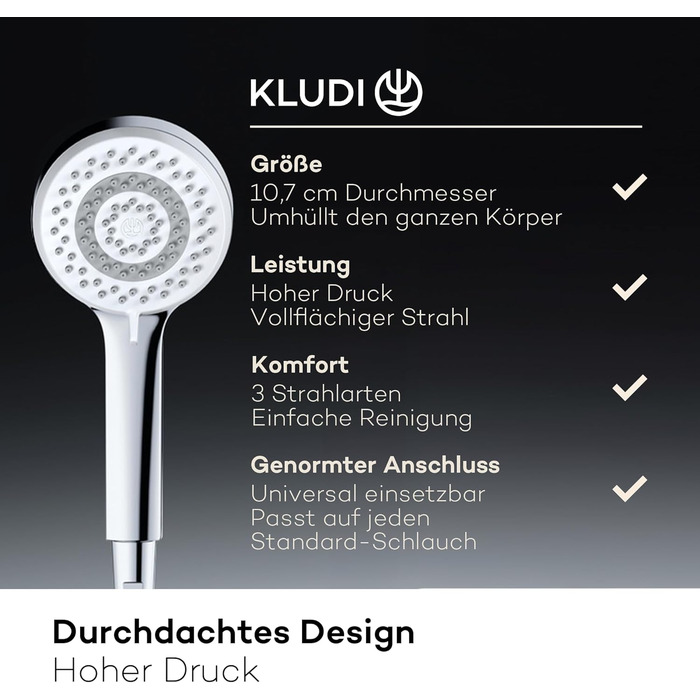 KLUDI-X1 Universal Shower Head with Hose, optional shower spray, water-saving with 3 spray patterns (Body, Hair, Skin), easy-to-clean shower head Ø 10.7 cm, shower hose 1.60 m