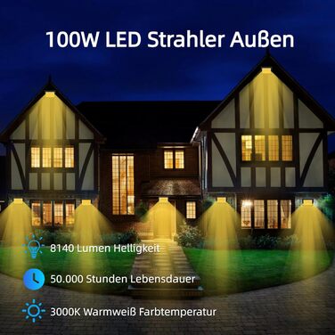 2 Pack 100W LED Flood Lights Outdoor, Super Bright 8140LM Wall Light, 3000K Warm White Outdoor Spotlights, IP66 Waterproof Floodlights, Spotlights for Backyard Driveway Doors Garage Path Garden