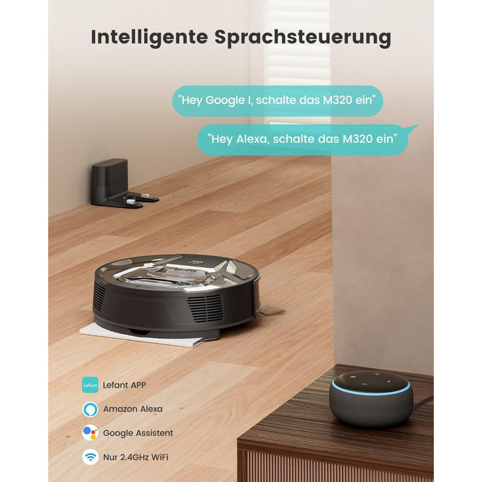 Робот-пилосос LEFANT M320 з функцією миття, потужність 6000 Па, уникнення перешкод, розпізнавання килимів, керування через додаток/Alexa, зона заборони, чорний
