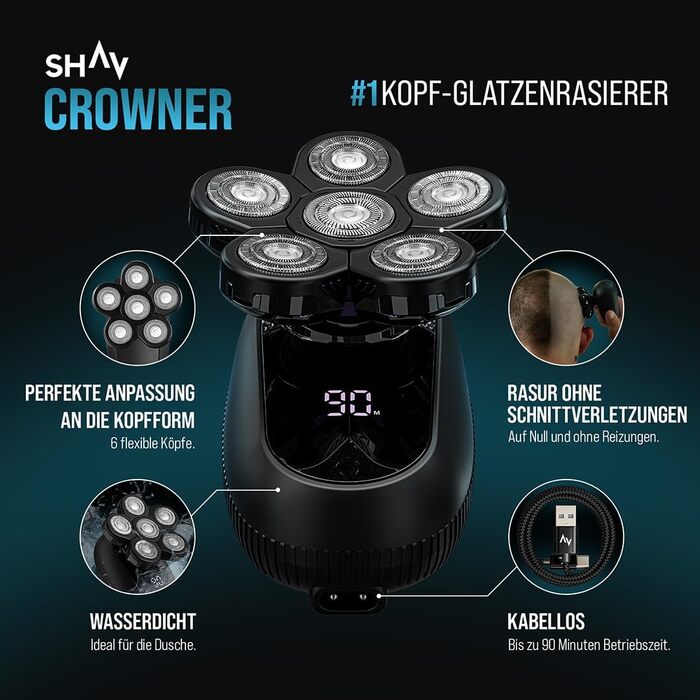 Електричний голкострум для голих голів чоловічий Shav Crowner, голкострум для голови, апарат для гоління голови вологою та сухою, чоловічий голкострум