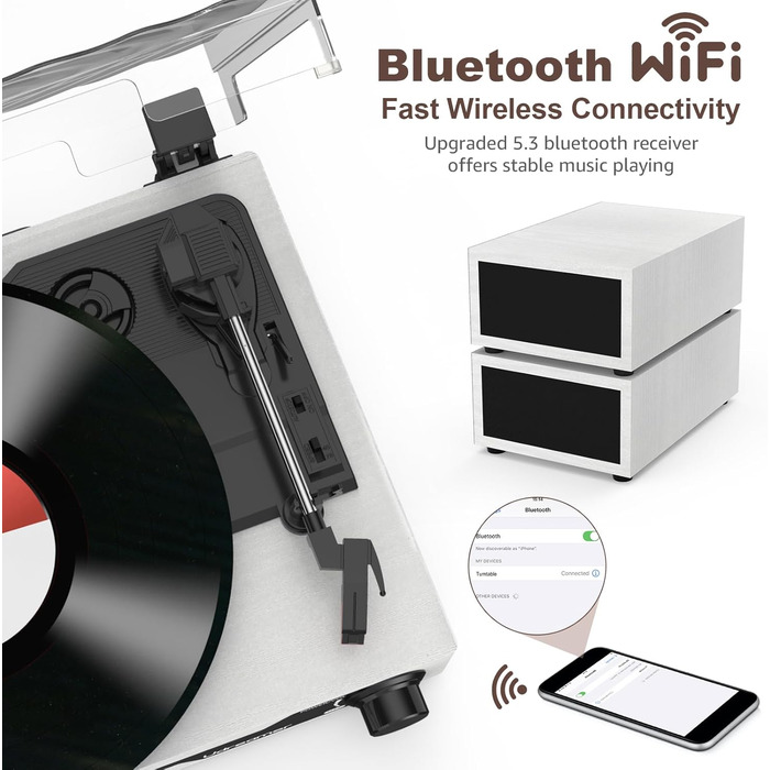 Вініловий програвач Udreamer з Bluetooth 5.3 та динаміками (білий) - підтримка 3 швидкостей, AUX, RCA, USB