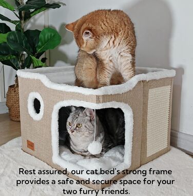 Spindro Cat Cave Cat Bed Large, Cat House Indoor Cat Sleeping Place with Removable Sherpa Cat Cushion and Hanging Toy, Cat Bed, Light Grey 42x42x33cm (2 level (42cmx42cmx33cm), Khaki)
