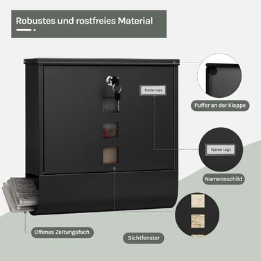 Поштовий ящик WOLTU з газетницею та вікном, персоналізований, замиканий, з 2 ключами, сучасний, 37x37x10.5 см, чорний