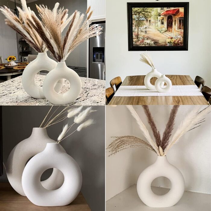 Ceramic Vase Set for Pampas Grass - 2pcs (Large & Medium), Modern Matte Donut Vases for Home Decor, Flowers, Table, Shelf, Fireplace, Living Room, Bedroom, Office, Wedding, Party, Gift - White
