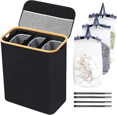 BRIAN & DANY Laundry Basket with 3 Compartments and Lid, Laundry Collector, Laundry Sorting System, Removable, Water-Repellent, Foldable Laundry Box, Narrow Laundry Basket 145L for the Family, Black