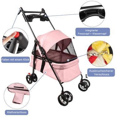 Візок для собак Homewell 2в1: візок-будка, сумка-переноска, з тримачами для напоїв, складна конструкція, гальмо, для домашніх тварин, 50x70x99 см (Рожевий)