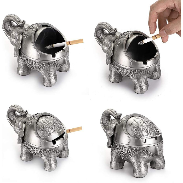 BSTKEY Vintage Ashtray with Lid – Elephant Shape, Table Ashtray, for Indoor and Outdoor Use, Retro, for Home, Office, Decoration Silver