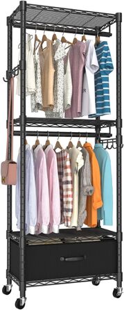 Clothes Rack, Clothes Rack, 4 Tier, Adjustable Closet Organizer System with Drawer | Double Rods | Side Hooks | Holds 445 lbs
