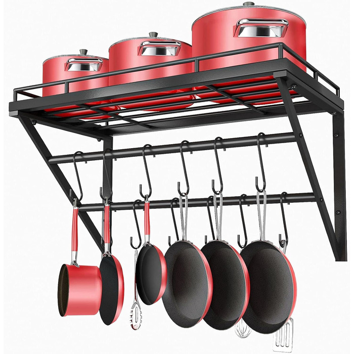 OROPY Pot Rack, 3-Tier Iron Kitchen Shelf, Wall Mount, Pan Holder with 12 Hooks, 60 * 29.5 * 24.5cm, Kitchen Utensil Holder, Kitchen Wall Shelf for Pots and Pans