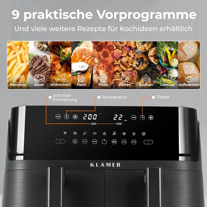 Аерофритюрниця KLAMER Duo 9L з двома незалежними кошиками, функціями Sync та Match, темно-сіра