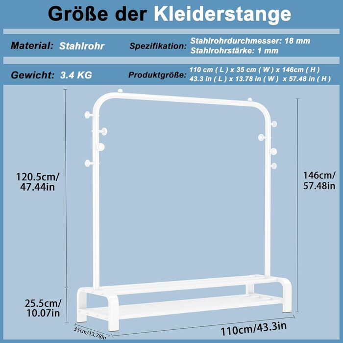 Clothes Rack, Coat Rack Stable Clothes Rod with 6 Hooks and 2 Shoe Shelf Storage Shelf, Bedroom Clothes Rack Freestanding Clothes Rail, (White)