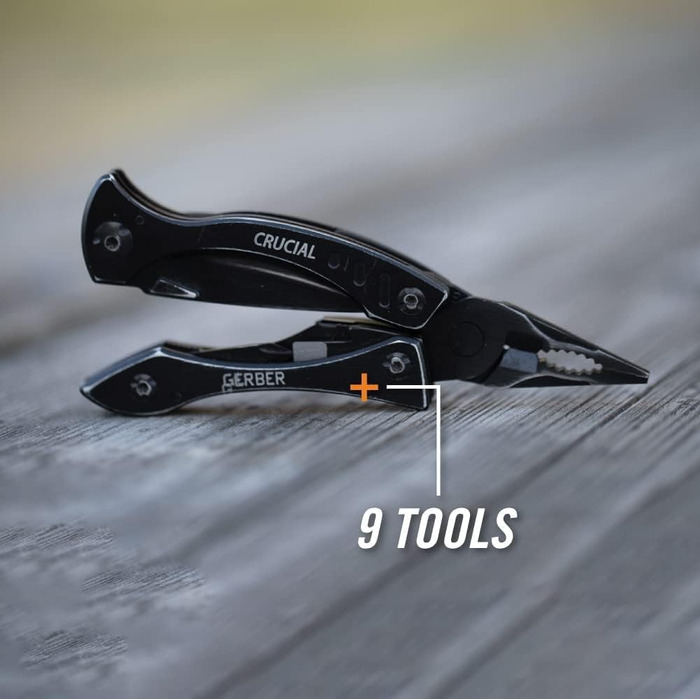 Gerber Multi-Tool with 9 functions and belt clip, Crucial, with belt cutter and liner-lock locking mechanism, open length: 9.1 cm, Black, 31-001518