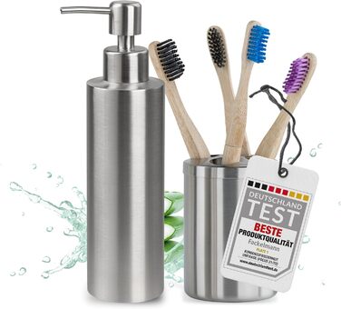 Fackelmann Soap Dispenser & Toothbrush Holder Tecno, dispenser for liquid soap made of high-quality stainless steel, holder for 4 toothbrushes, high-quality toothbrush holder (color: matte silver), quantity: 1 x 2-piece set