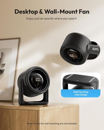 Настільний вентилятор Gaiatop з сенсорним керуванням, акумулятор 4000 мАг, 5 швидкостей, тихий міні-вентилятор з LED-дисплеєм, кут нахилу 90°, заряджається через USB-C, для офісу, спальні, дому, чорний