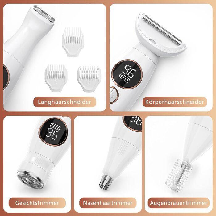 Електричний жіночий тример Lightbiz 5-в-1 для тіла та обличчя, водонепроникний (IPX7), USB-зарядка, білий