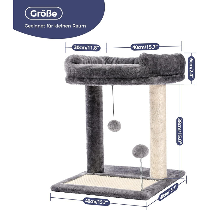 PETEPELA Small Scratching Post 51cm with Sisal Scratching Post, Scratching Board, Scratching Pad, Play Ball, Plush Cave for Kittens, Grey (with Scratching Board)