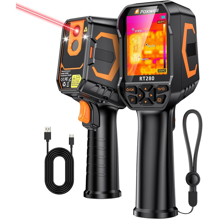 Тепловізор FOXWELL RT280: Портативна інфрачервона камера з LCD-екраном 2.8', роздільна здатність 320x240, діапазон температур -20°C до 550°C, 8GB пам'яті, функція PC-аналізу та відеозапису