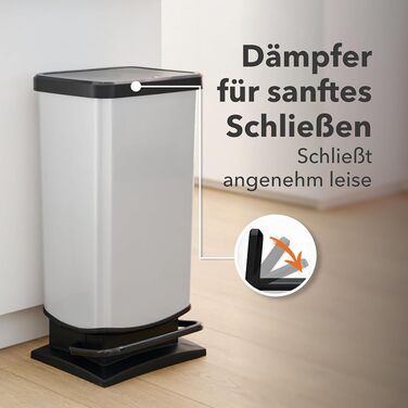 Сміттєвий відро Rotho Paso на 40 л з педаллю та Soft-Close кришкою, сріблясте