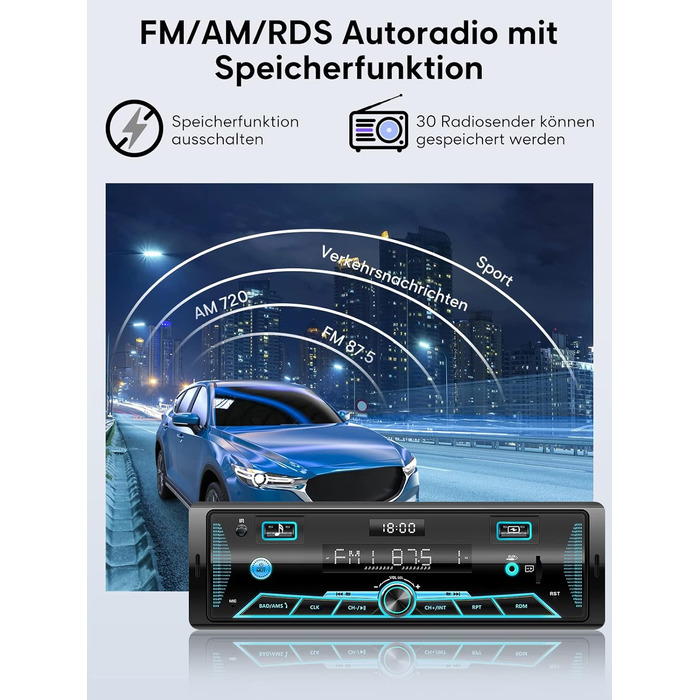 Автомобільна магнітола RDS Bluetooth 9-24В, FM/AM, MP3, USB, SD, AUX, з пультом, 7 кольорів підсвічування, гучний зв'язок