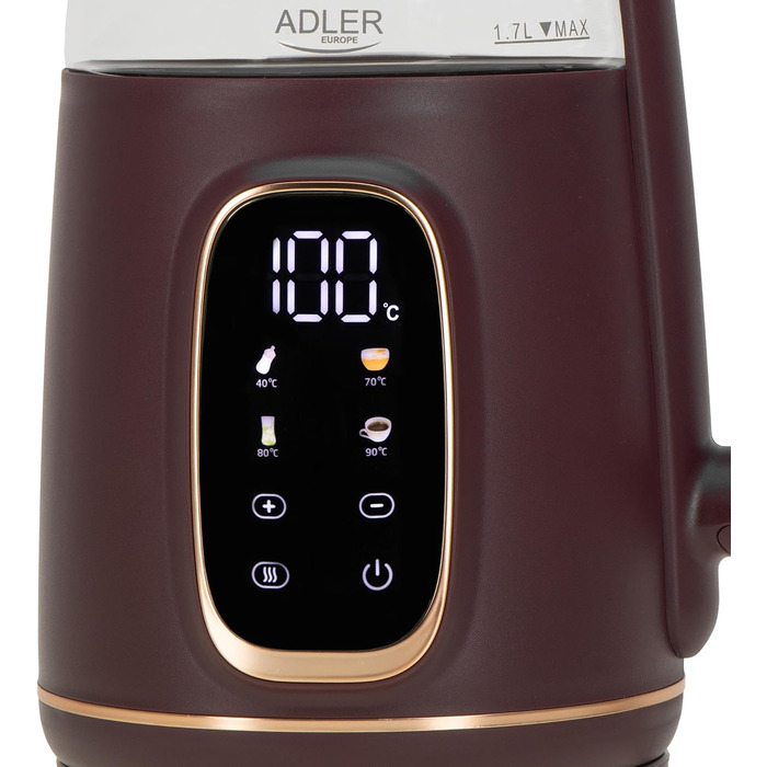 Електричний чайник Adler з регулюванням температури 2200W – 1,7L з LED-дисплеєм та сенсорною панеллю, 5 програм, функція підтримки тепла, фільтр, Бургунді, Золотий
