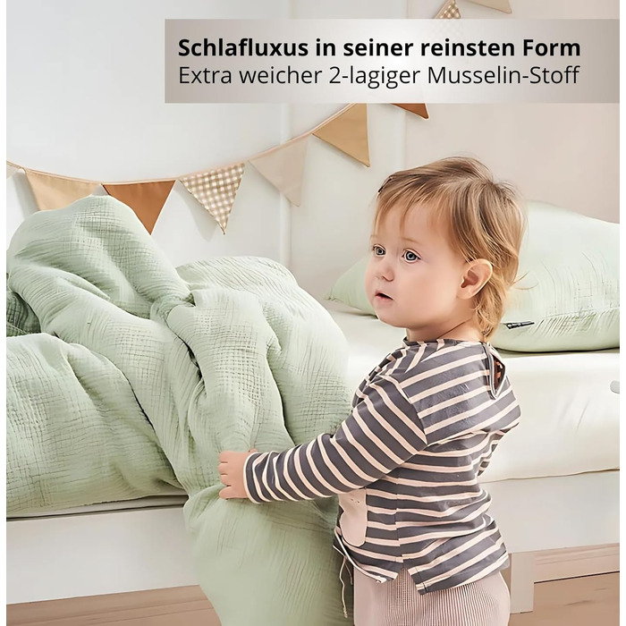 Набір постільної білизни для дитячого ліжечка Kinderbettwäsche 100x135: 2 шт. | Сертифікат ÖkoTex, підходить для алергіків | Набір муслінової постільної білизни з 1 простирадлом 135x100 та 1 наволочкою 40x60 | Хакі 100 см x 135 см Хакі