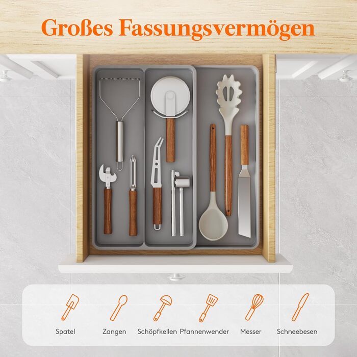 Органайзер для столових приладів Lifewit в шухляду, розширюваний 43.9 см, сірий, 40 см глибина, для кухні, ложок, ножів, лопаток