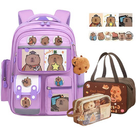Рюкзак Капібара Великий, Набір рюкзаків Капібара для дітей з пеналом та ланч-боксом, шкільний рюкзак для підлітків, для хлопчиків та дівчаток (фіолетовий)