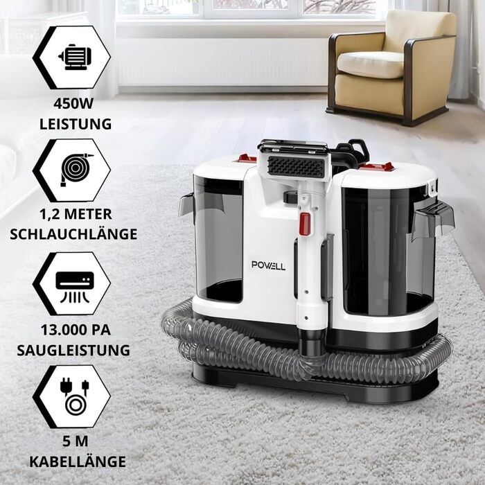 Портативний пилосос для чищення килимів Powell Waschsauger 450W, 13kPA, для килимів, диванів, автомобілів (сірий)