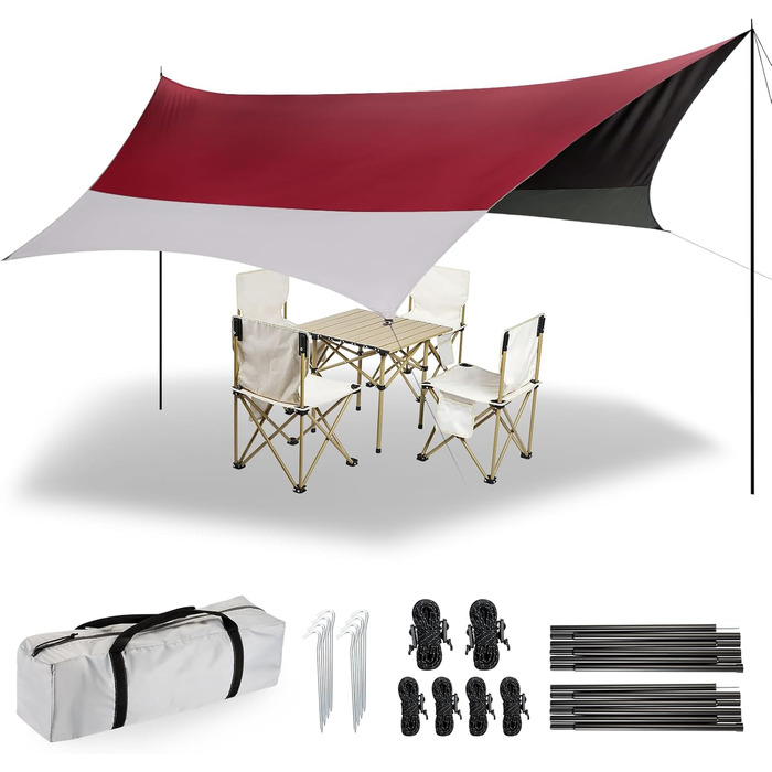 Тент Forceatt Zeltplane 3.7x4.3 м, Ultraleicht, 6 кріплень, Анти-UV, Водонепроникний. Для кемпінгу, піших прогулянок та відпочинку на природі. Темно-синій & сірий (Червоний & сірий)