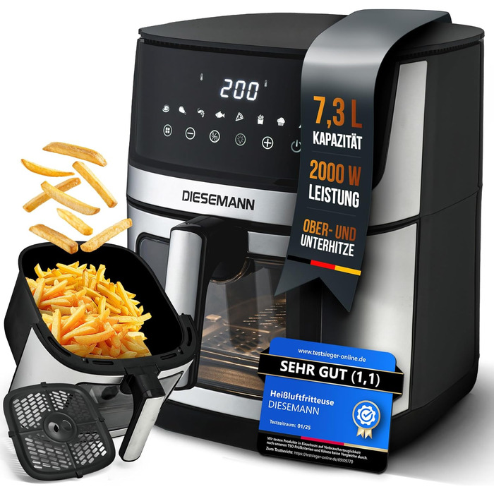 Фритюрниця повітряна DIESEMANN XXL 7.3L – 2000W з 2 нагрівальними елементами (верхній та нижній нагрів), вікно огляду та 8 програмами – для смаження, випікання та грилю без олії