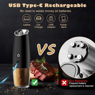 Електричні млинки для солі та перцю 2 шт. USB, регульований помел, автоматичні з LED-підсвіткою для кухні та барбекю