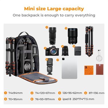Рюкзак для фотокамери K&F Concept, фоторюкзак, водонепроникний, для DSLR/SLR, об'єктивів та аксесуарів, чорний+оранжевий, розмір M