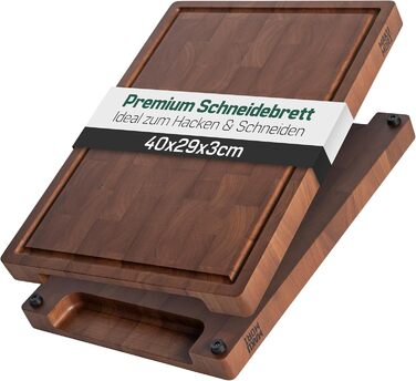 Преміум обробна дошка MAKUMORI з масиву гевеї, торцевий зріз, 40x29x3 см, FSC, з підставками, жолобком для соку та ручками