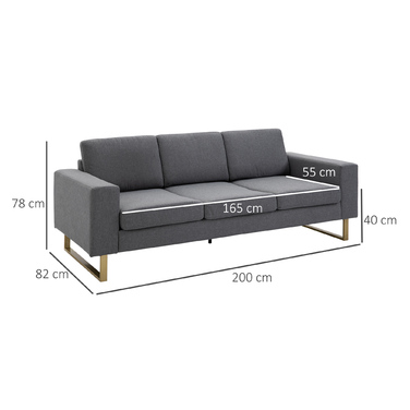 HOMCOM 3-Seater Upholstered Sofa, Fabric Sofa, Living Furniture, TV Chair, Cushions, Armrests, Linen, Dark Grey, 200 x 82 x 78 cm | Aosom