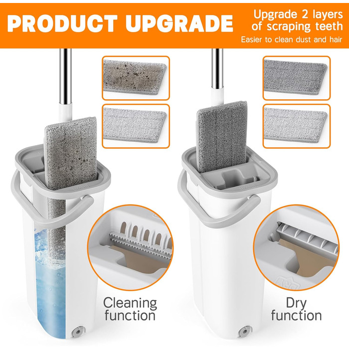 Набір для миття підлоги з відром GIOVARA: моп з відром, система віджиму, мікрофібра, 6 насадок, для всіх типів підлоги, білий