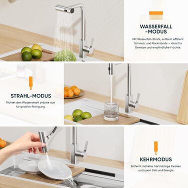 Кухонний змішувач BESy з 3 режимами струменя, висувна лійка, водоспад, поворотний на 360°, для високого тиску, з нержавіючої сталі SUS304, щіткова обробка