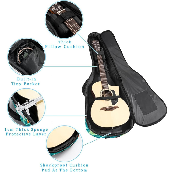 Чохол для акустичної гітари, 104 см, з регульованим плечовим ременем, Gigbag, Ocean Flower Seahorse, водовідштовхуючий, Oxford-тканина, товстий шар губки