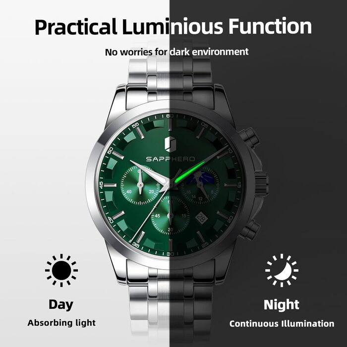 Годинник чоловічий BENYAR Chronograph Аналоговий кварц Водостійкий з датою. Елегантний бізнес-стиль. Чудовий подарунок для чоловіків (срібний браслет/зелений циферблат)