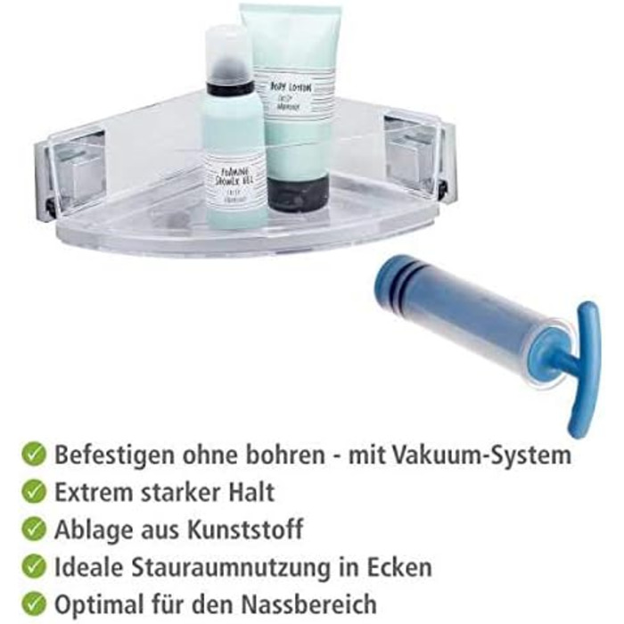 WENKO Vacuum-Loc Bathroom Corner Shelf Quadro UNO, With Removable Bowl, Mounting Without Drilling, Stainless Steel/Plastic, 28 x 8.5 x 19.5 cm