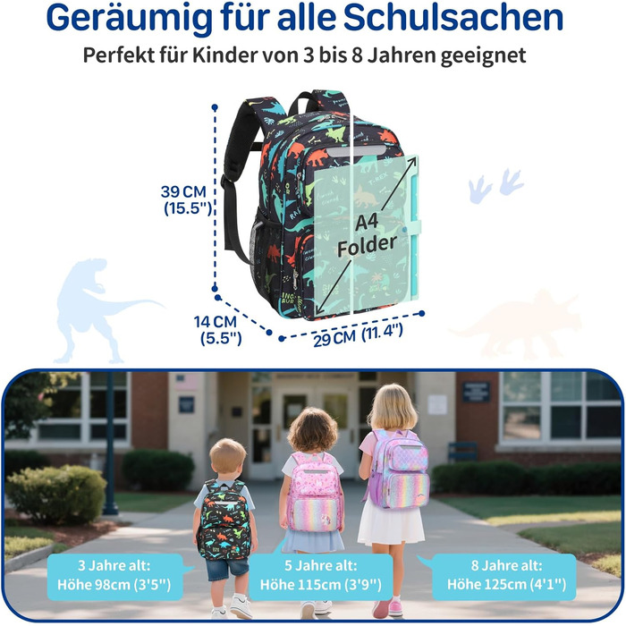 Дитячий рюкзак Bagseri для дівчаток 15L, легкий рюкзак для школи, дитячий сад та 1-2 класи, з нагрудним ременем та ізотермічним відділенням, формат DIN A4, з світловідбиваючими елементами (чорний динозавр)