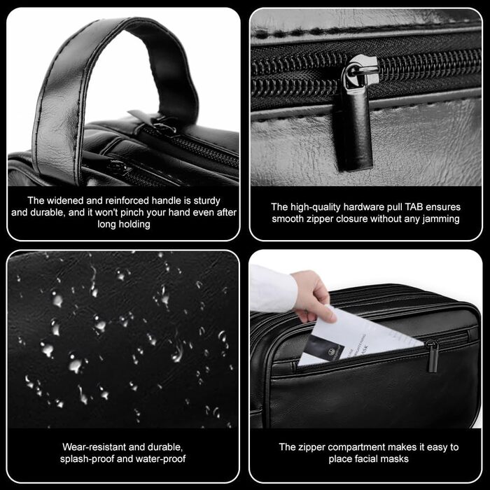 Чоловіча косметичка-рюкзак, чорна, з водовідштовхувального PU-шкіри, двошарова, з мокрим/сухим відділенням