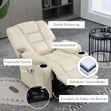 HOMCOM Electric Recliner with Lift Assist, USB Massage Chair with Remote Control, Wheels & Cup Holder in Cream