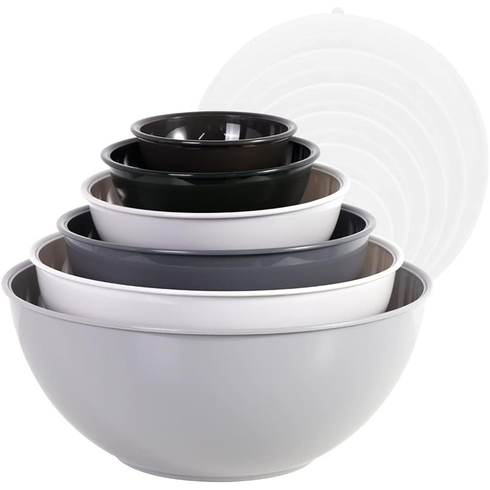 BoxedHome Gray Mixing Bowls Set with Lids, Reusable Mixing Bowl, 12-Pack Mixing Bowl, Plastic Salad Bowl Non-Slip Stackable Serving Bowls for Kitchen (6 Bowls and 6 Lids)