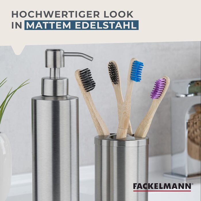 Fackelmann Soap Dispenser & Toothbrush Holder Tecno, dispenser for liquid soap made of high-quality stainless steel, holder for 4 toothbrushes, high-quality toothbrush holder (color: matte silver), quantity: 1 x 2-piece set