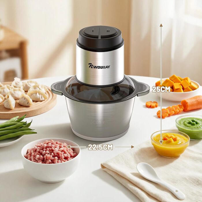 Електричний подрібнювач для кухні 2L з нержавіючої сталі. Подрібнювач для м'яса, овочів та цибулі з 4 лезами.