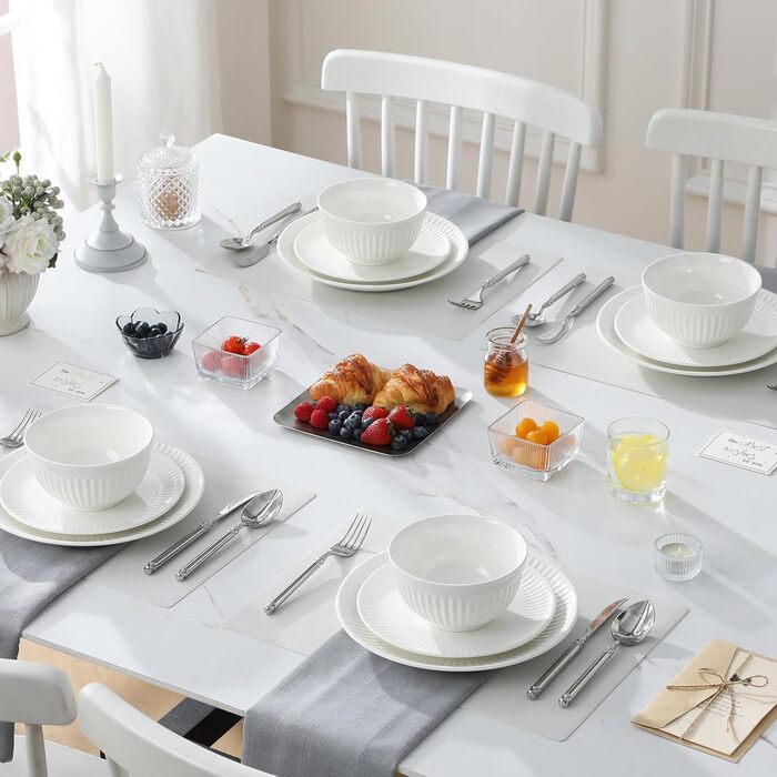 Набір посуду Malacasa Leila для 6 осіб, 24-елементний сервіз з порцеляни з ручним рельєфним дизайном, білий. Підходить для мікрохвильової печі та мийки посуду.