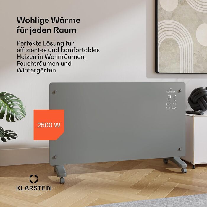 Конвекторний обігрівач Klarstein Bansin Smart 2500W з керуванням через додаток, X-подібним нагрівальним елементом та захистом від перегріву, для кімнат та зимових садів (Кристал)